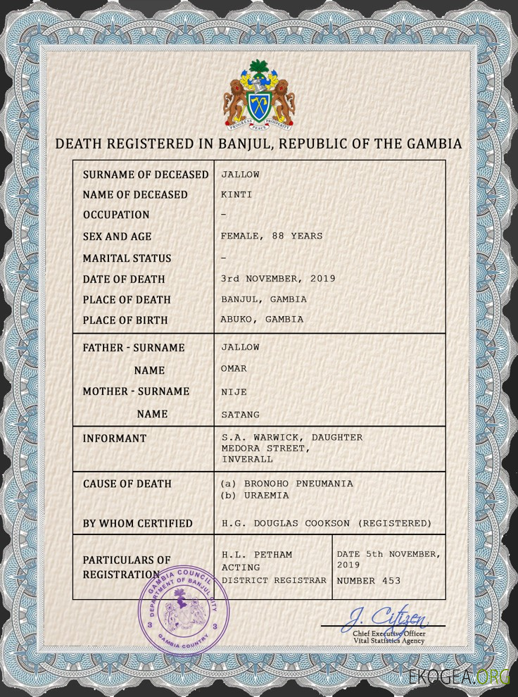 Modèle PSD de certificat de décès en Gambie